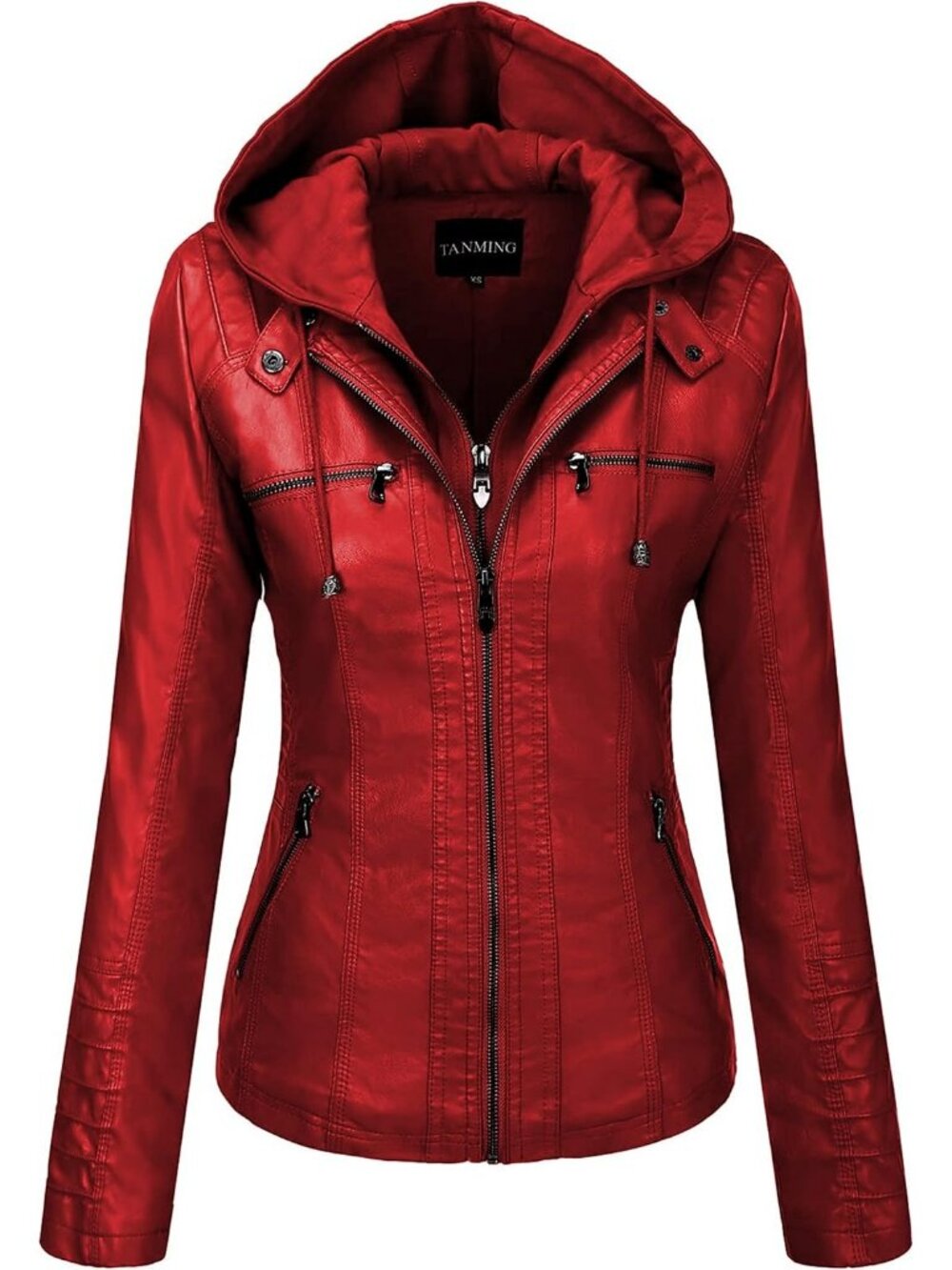 Women's Wine Red Faux Leather Jacket Hooded Moto Biker Fall Fashion Winter Coat
